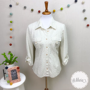 Christopher & Banks Cream Diagonal Plaid 3/4 Sleeve Button Down Top
